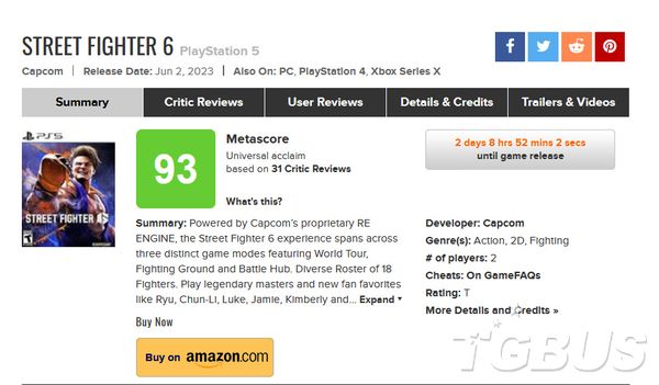 3D格鬥系列《街霸6》Metacritic評分出爐