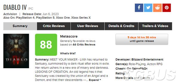 《暗黑破壞神4》在評分網站Metacritic​獲均分88分成績