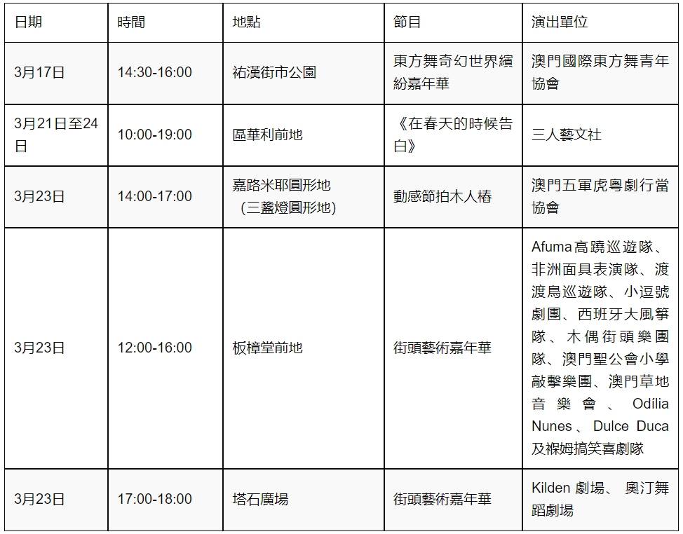 macaoparade、微信公眾號“澳門文化局IC”、臉書專頁“澳門國際幻彩大巡遊”及澳門活動網“享澳門”。